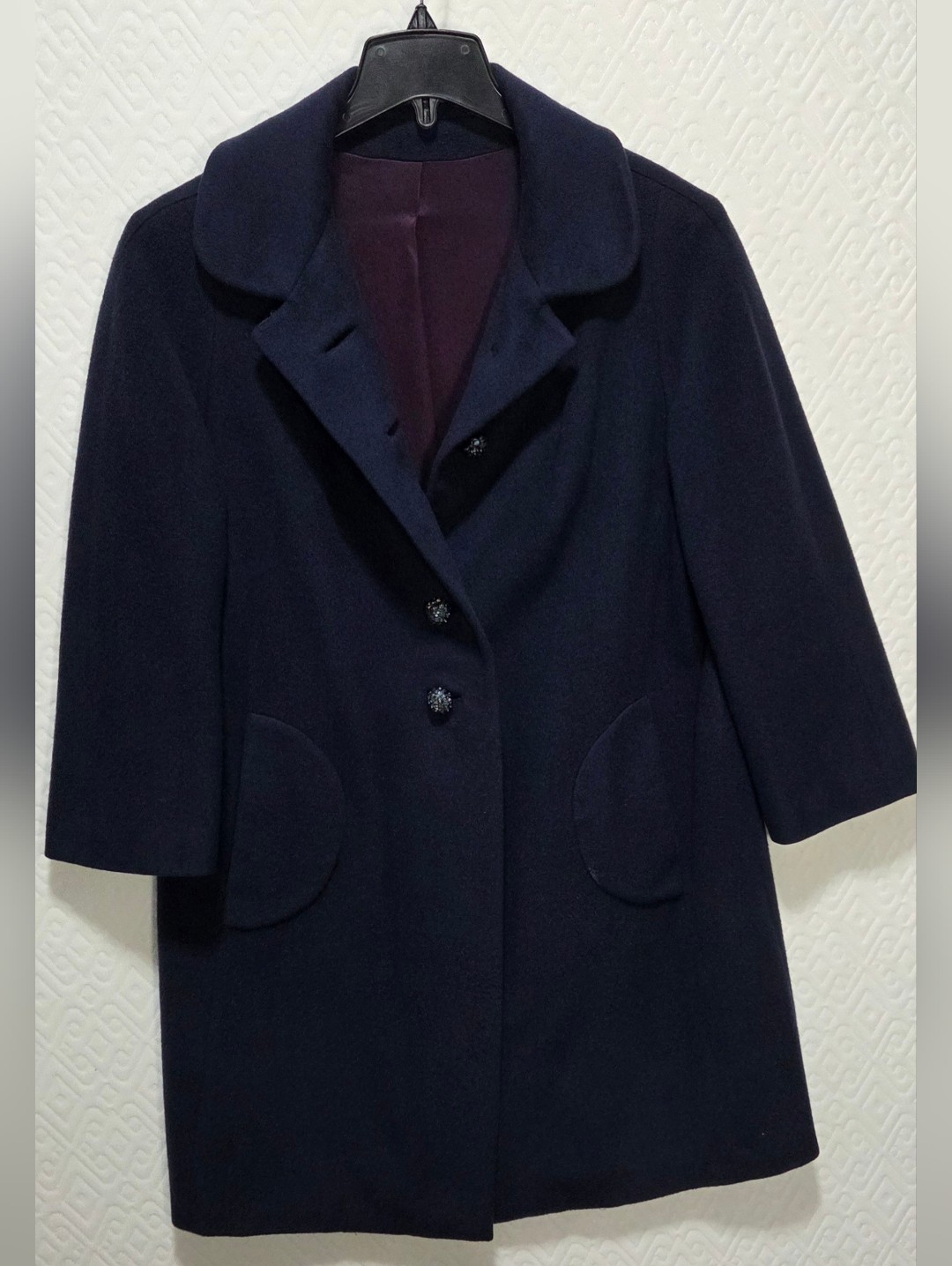 Vintage Women's Mid-Thigh 100% Cashmere Coat. Navy Blue, Estimated Size Sm/Md
